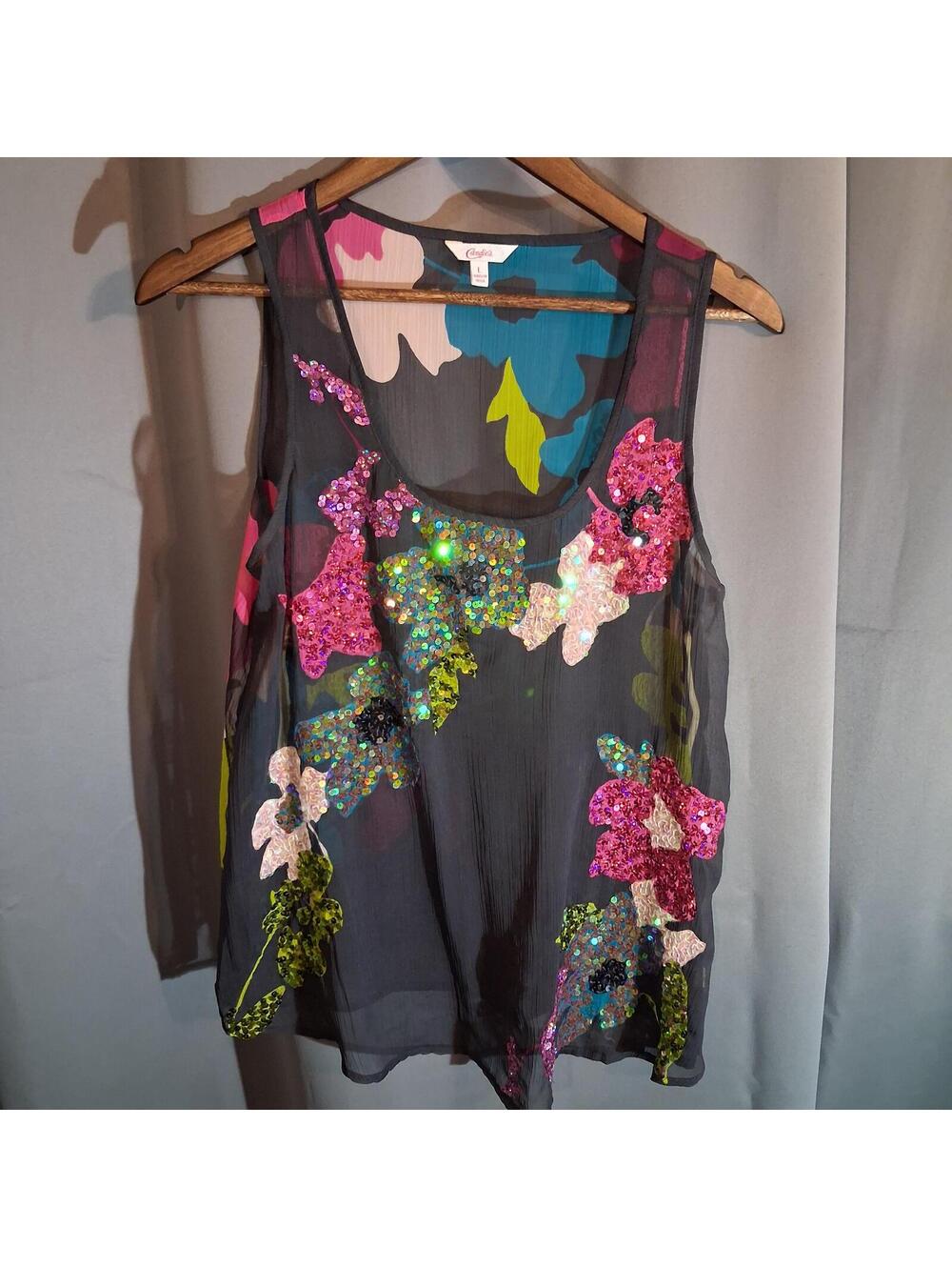 Candies Sheer Black Floral Sequin Embellished Sleeveless Top